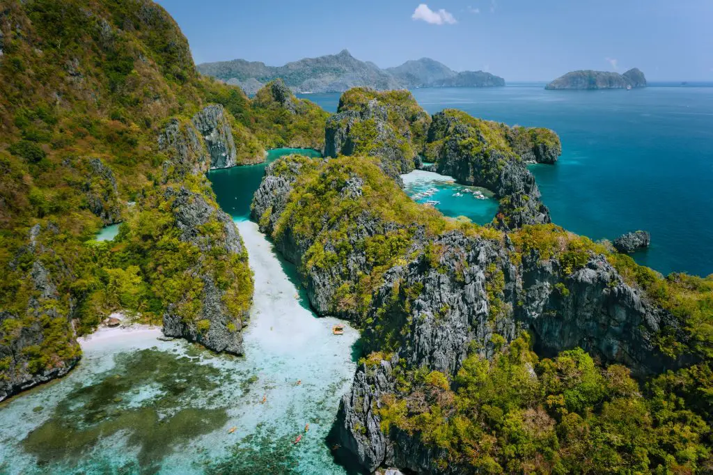 El Nido, Palawan, Philippines. Aerial view of beautiful big lagoon surrounded by karst limestone