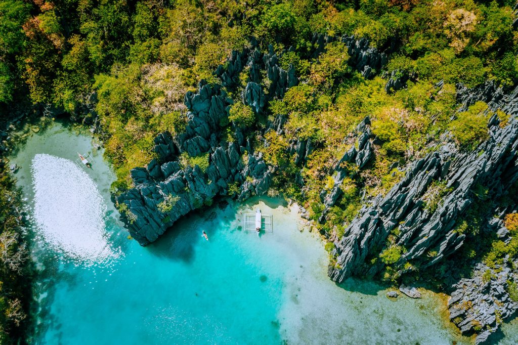 Marine Reserve El Nido Palawan Philippines, aerial view of tropical paradise turquoise lagoon and